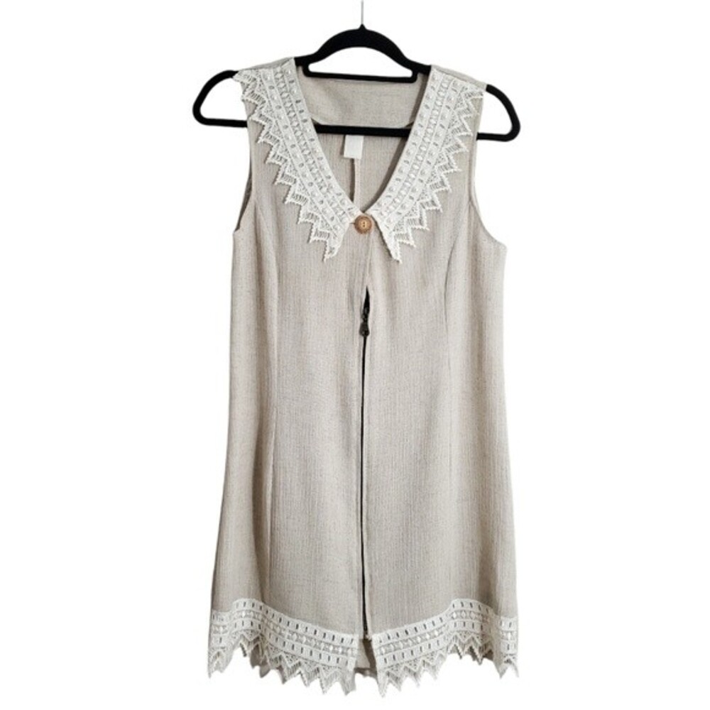 Vintage Lace Pearl Collar Trim Dress zip front M linen look cottagecore granny